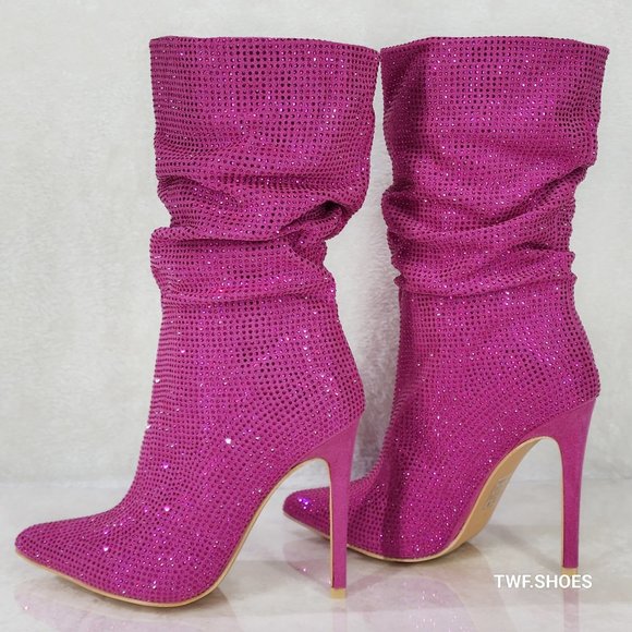 Resolve Sparkling Pink Rhinestone High Heel Slouch Calf Boots New Years Bling - Picture 1 of 15